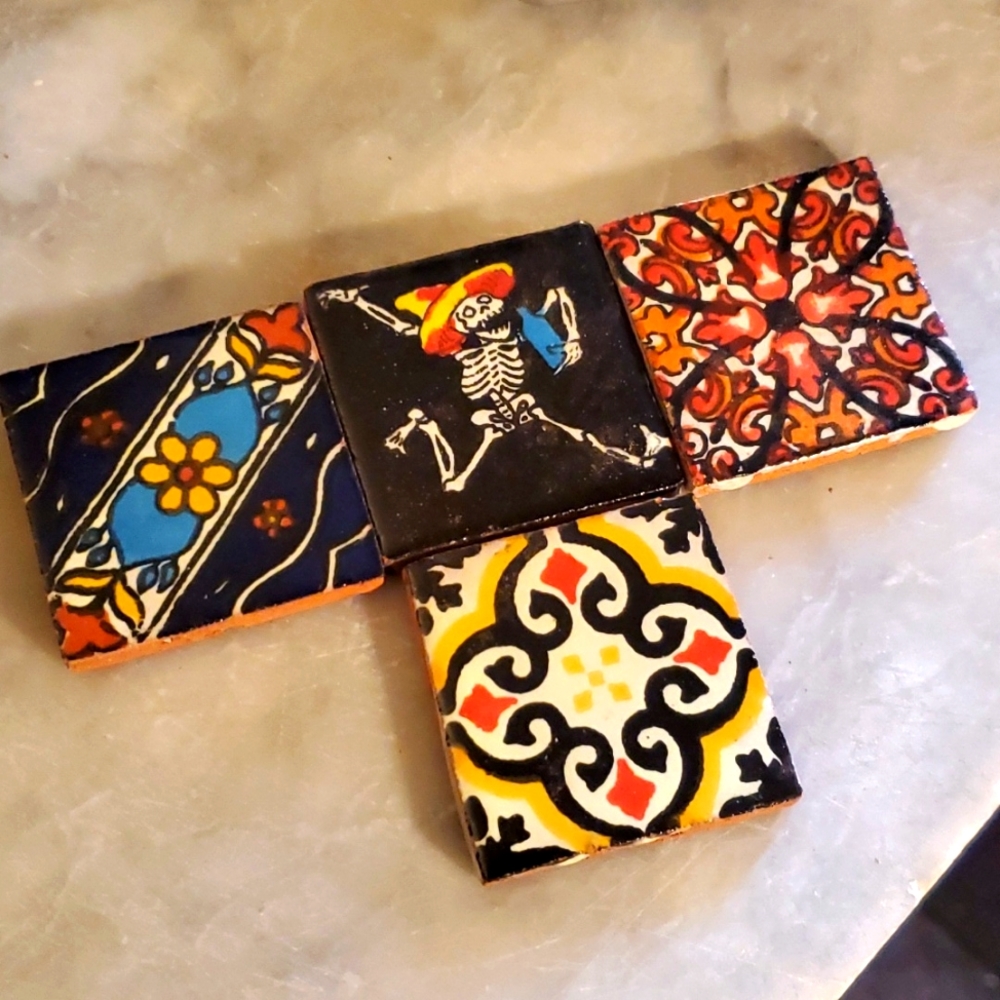 Lot (4) Mexican 2" Talavera tiles Skeleton booze bottle Day Dead Handpainted